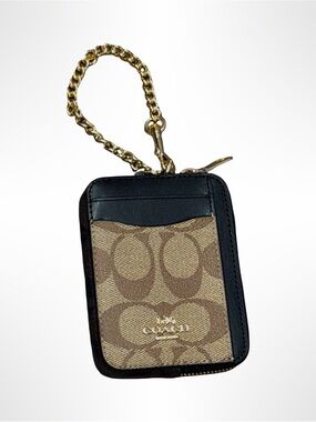 NWT COACH Signature Card Case with Gold Chain - Black/Brown/Khaki